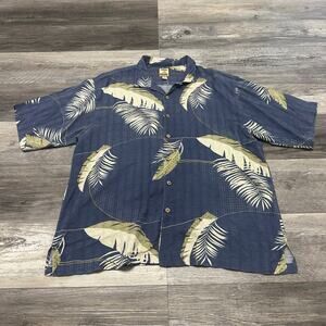 Tommy Bahama Shirt Blue Mens‎ XL 100% Silk Palm Leaf Hawaiian Button Up Loop